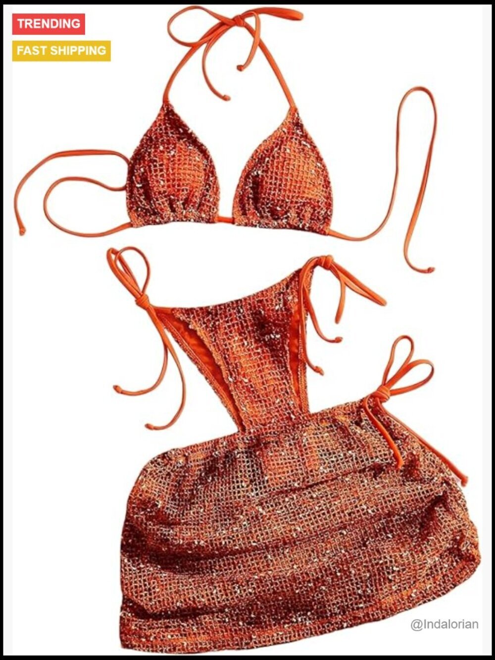 3 Piece Crochet Bikini Set with Cover Up Skirt Beach Outfits